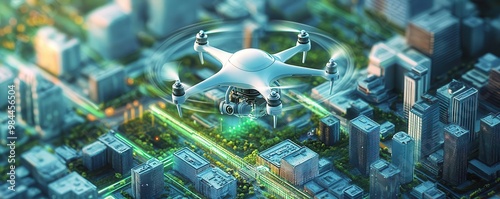 Illustrate a birds-eye view of a futuristic city where drones enforce compliance seamlessly,