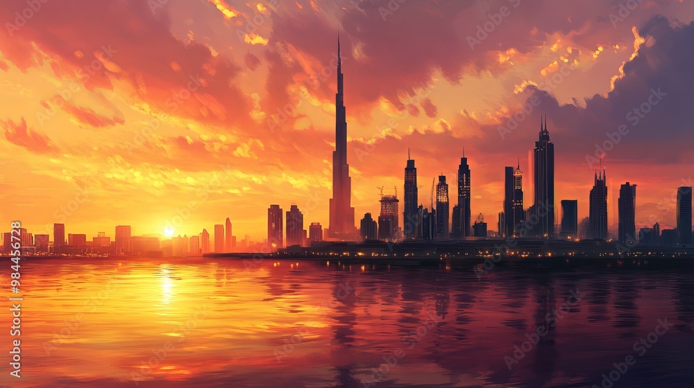 The sun sets over Dubai, painting the city in beautiful colors. The sun sets over Dubai, painting the city in beautiful colors.