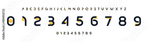 Modern minimalist typeface, playful geometric cuts, bold rounded numbers and letters for tech logos, sleek headlines, digital sports branding, jersey numbers, team merchandise. Vector typeset