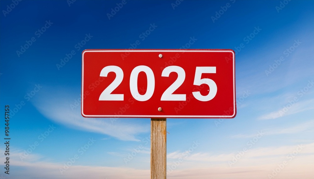 Text 2025 on red sign against blue sky Text 2025 on red sign against blue sky