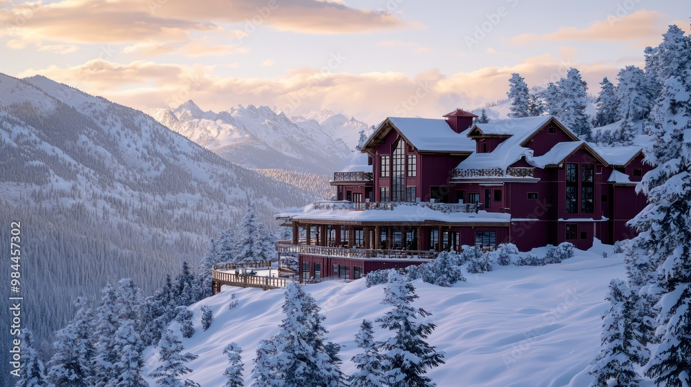 A luxurious mountaintop ski lodge with a deep burgundy exterior, offering panoramic views of snow-covered slopes and alpine forests A luxurious mountaintop ski lodge with a deep burgundy exterior, offering panoramic views of snow-covered slopes and alpine forests
