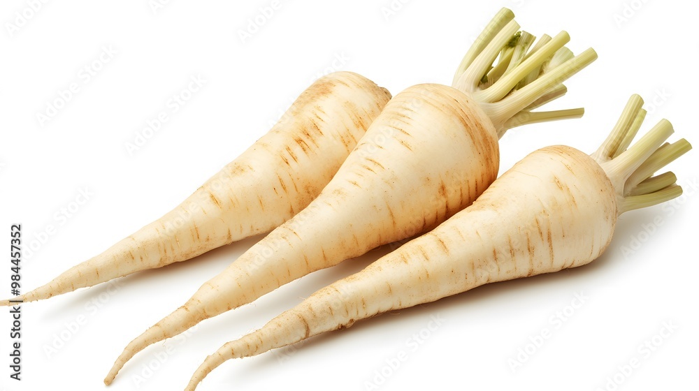 Realistic display of whole parsnips on a white background, emphasizing their creamy white color and elongated, tapered shape with subtle surface details Realistic display of whole parsnips on a white background, emphasizing their creamy white color and elongated, tapered shape with subtle surface details