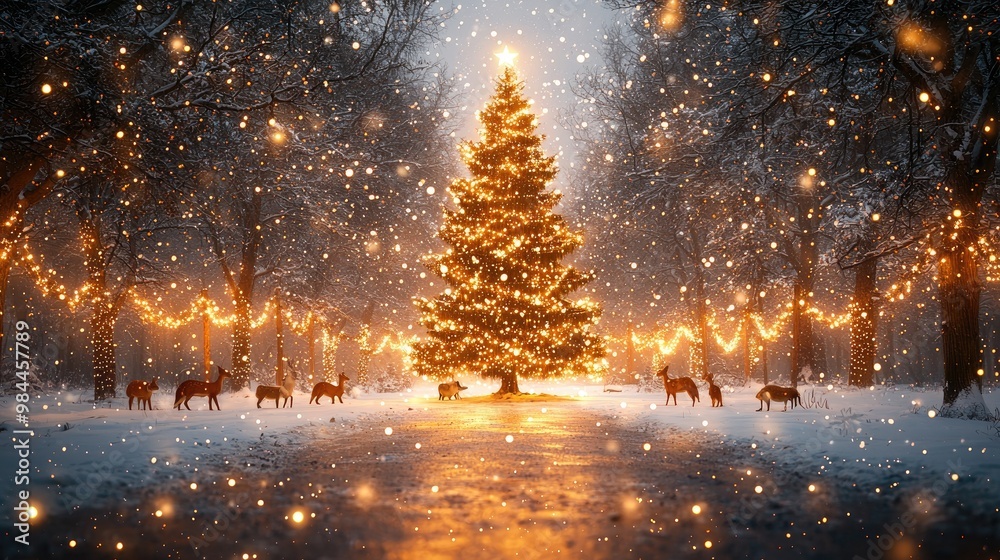 A mystical forest scene where woodland animals like deer, foxes, and rabbits gather around a beautifully decorated tree in the clearing, twinkling fairy lights strung from the trees