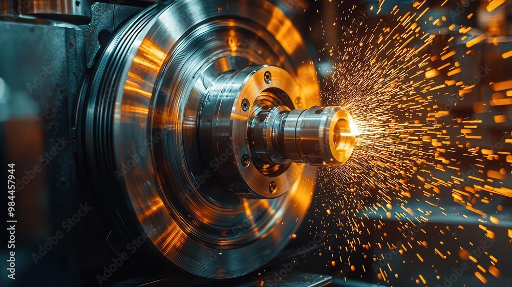 CNC machines optimizing precision in metalworking factory, automated process control, digital interfaces, sensors monitoring real-time data, metallic tones CNC machines optimizing precision in metalworking factory, automated process control, digital interfaces, sensors monitoring real-time data, metallic tones