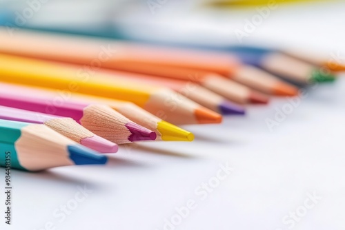 Close up of colorful pencils arranged in a row on white background.