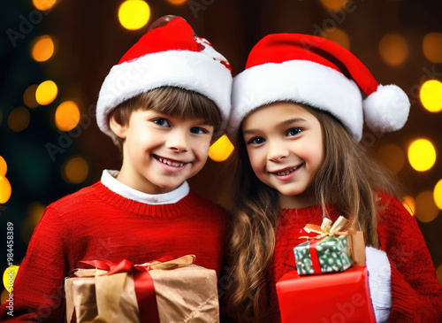 boy and girl in santa hats and sweaters smiling and looking at camera against christmas garland background.