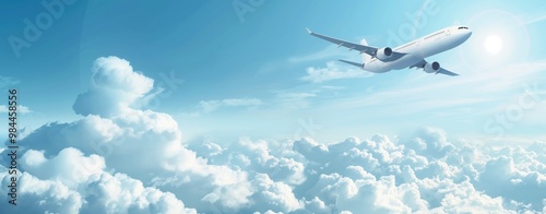 Illustration of commercial airplane flying above clouds in blue sky. Air travel and aviation industry