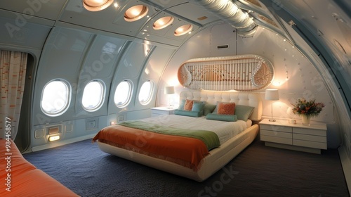 Stylish and Futuristic Airplane Cabin Bedroom with Luxurious Amenities for Exclusive Travelers