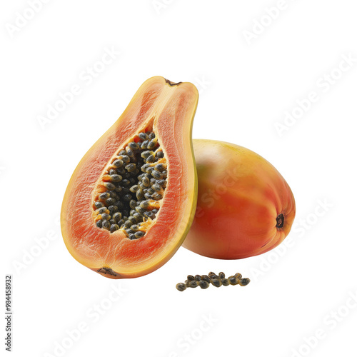 A whole papaya and a half papaya, isolated on white background photo