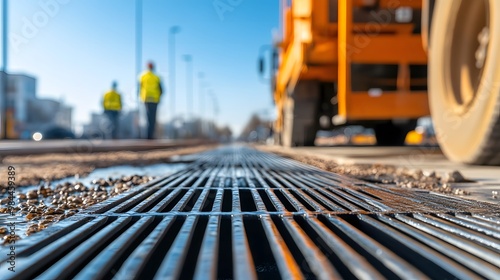 Urban Storm Drain Installation - Detailed View of City Street Drainage Grates and Infrastructure for Effective Water Management and Flood Control Solutions photo