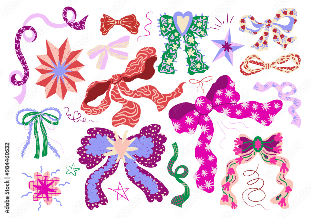 Set of hand drawn coquette bows, ribbons Clipart bundle, laces, gift decorations, Party Invitations design