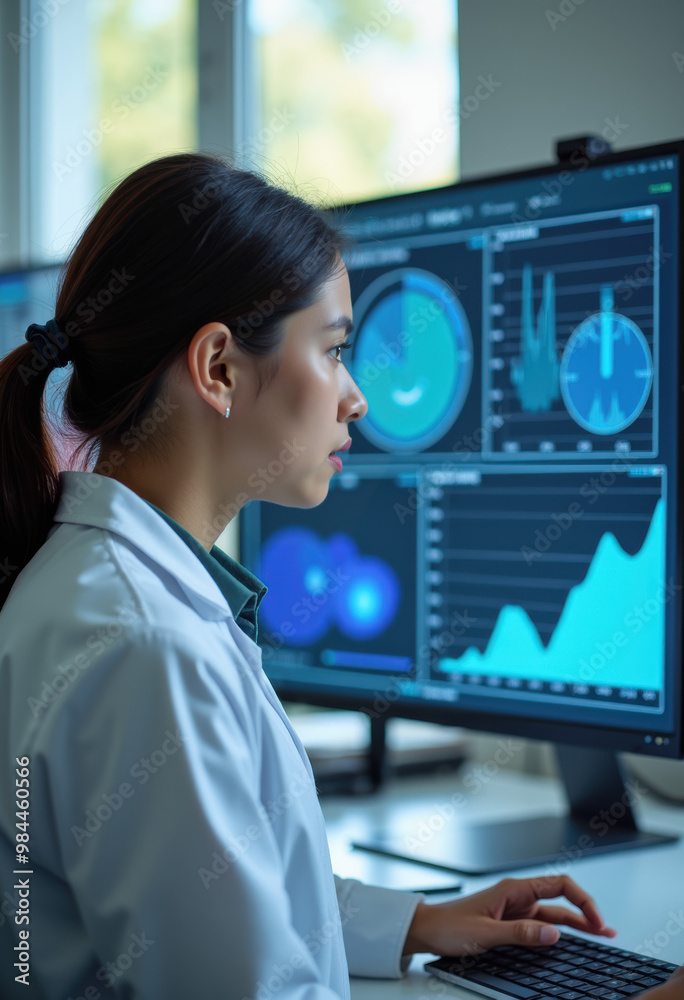 Female Scientist Analysing Cell therapy Results On Screen, Healthcare and Biotechnology Concept Female Scientist Analysing Cell therapy Results On Screen, Healthcare and Biotechnology Concept