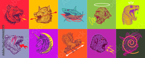 Canvas Print Dog, hog, shark, monkey, snake, bear, unicorn, rooster, gorilla, goat