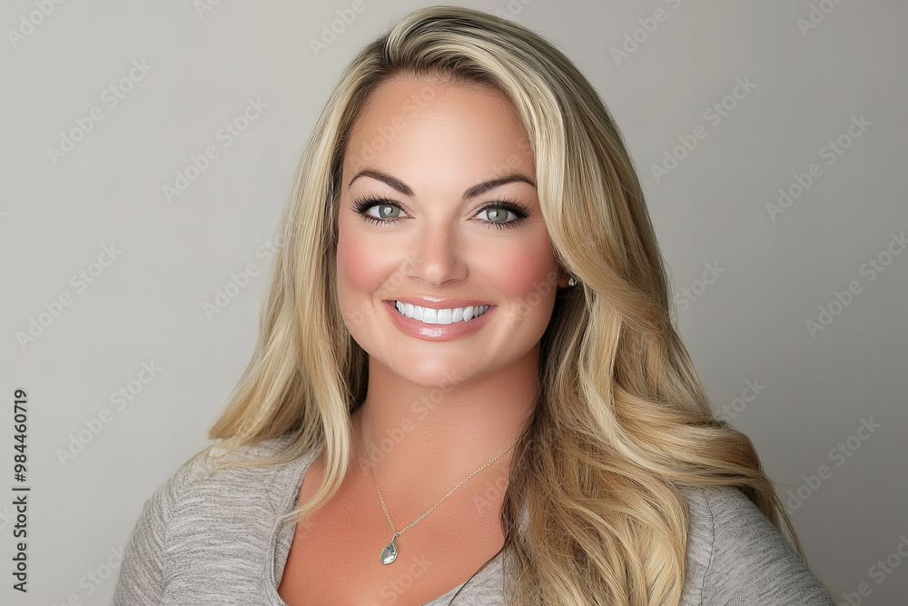 Naklejka premium Bright and Friendly Portrait of a Smiling Blonde Woman in Casual Outfit, Emphasizing Warmth, Approachability, and Natural Beauty for Lifestyle or Personal Branding