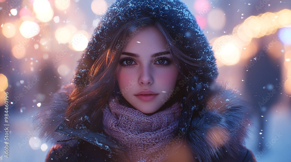 Woman in Winter Attire with Hood and Scarf in a Festive Downtown Scene