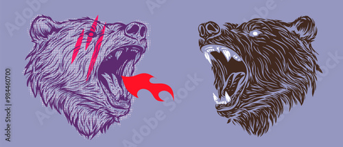 Angry bear head in colorful pop art style. Modern abstract print with animal. Vivid creative vector illustration.