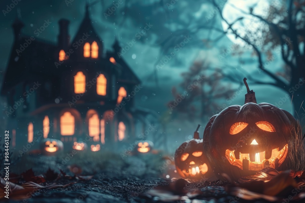 Fototapeta premium Glowing Jack-o'-Lanterns in Front of a Haunted House on a Foggy Halloween Night