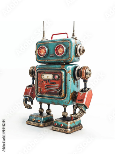 Vintage turquoise and red robot on a white background. Generative AI image