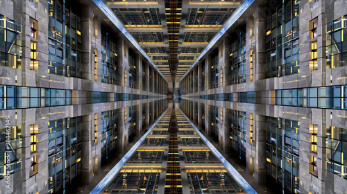 Symmetrical view inside a modern architectural building.