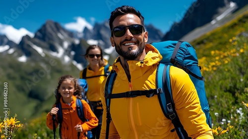 A happy family hikes through a mountain landscape, backpacks ready for adventure.