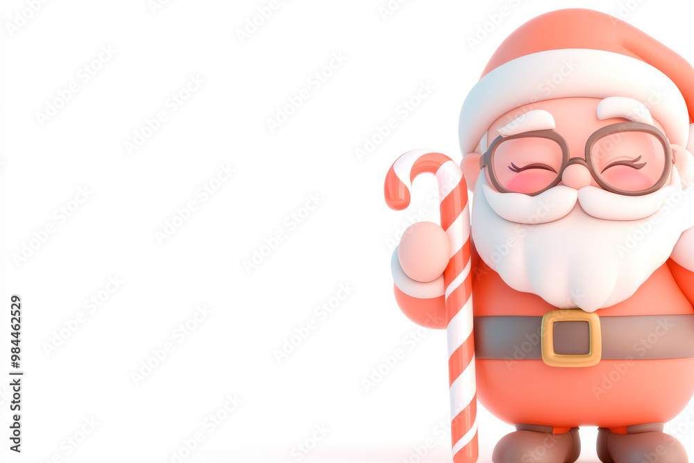 Santa Claus with glasses holding a candy cane on white background