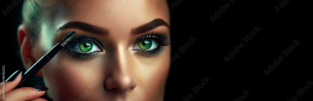 Extreme close-up of a young beautiful woman with green eyes applying black eyeliner and mascara, looking at camera. Make-up concept. On a black background with copy space. Generative Ai. Extreme close-up of a young beautiful woman with green eyes applying black eyeliner and mascara, looking at camera. Make-up concept. On a black background with copy space. Generative Ai.