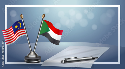 Malaysia and Sudan Small national flag on bokeh background, cooperative relationship
