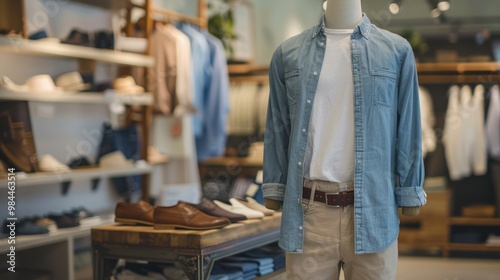 Mannequin Displaying Denim Shirt and Casual Outfit in a Clothing Store