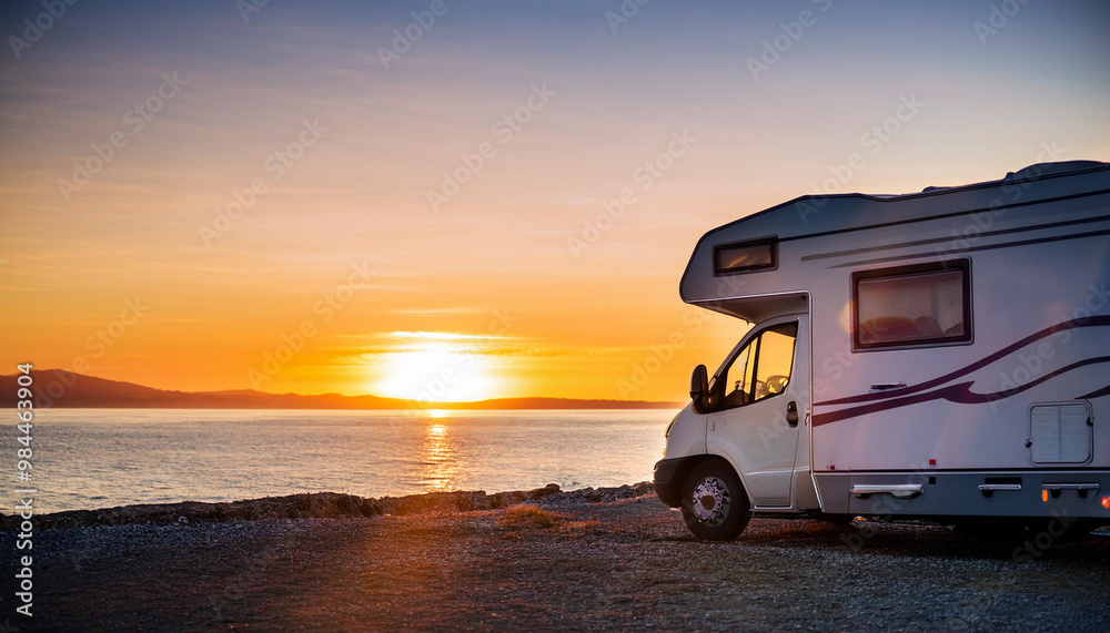 Table background with a wooden board and sunny beach and ocean and a camper van
Table background with a wooden board and sunny beach and ocean and a camper van