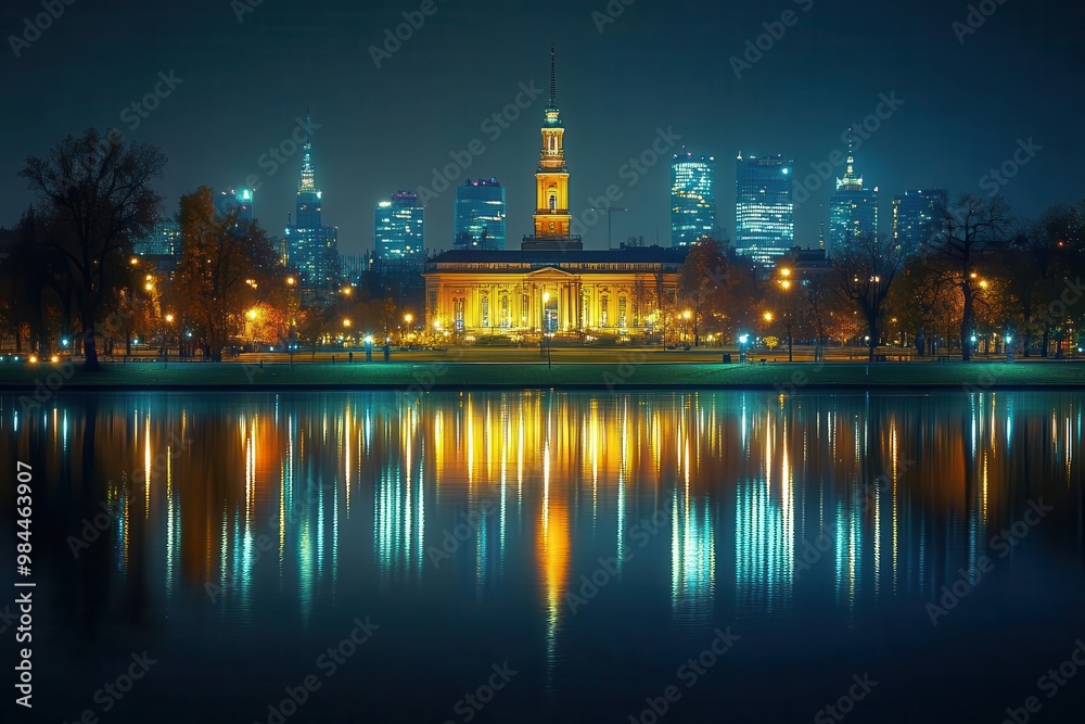breathtaking night view of warsaw skyline illuminated buildings reflecting in river city lights create magical urban landscape breathtaking night view of warsaw skyline illuminated buildings reflecting in river city lights create magical urban landscape
