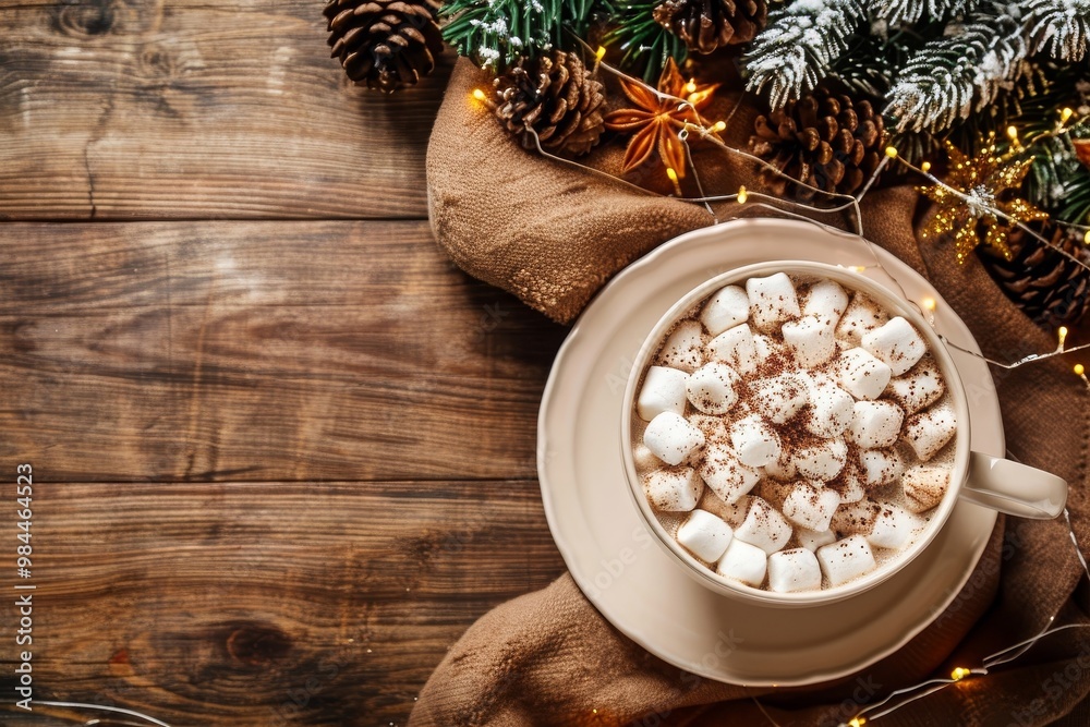 A Cup of traditional Christmas hot chocolate or cocoa with marshmallow. Christmas gingerbread on a wooden background A Cup of traditional Christmas hot chocolate or cocoa with marshmallow. Christmas gingerbread on a wooden background