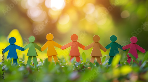 group of people holding hands. colorful paper figures holding hands in sunlight. a row of colorful paper cutout figures holding hands, symbolizing unity and diversity, set against a blurred natural ba