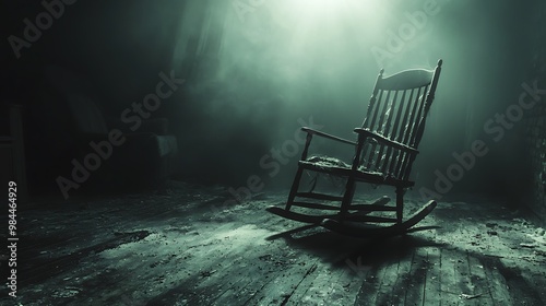 An abandoned rocking chair sits eerily in a dark, shadowy room, adding a sense of mystery. photo