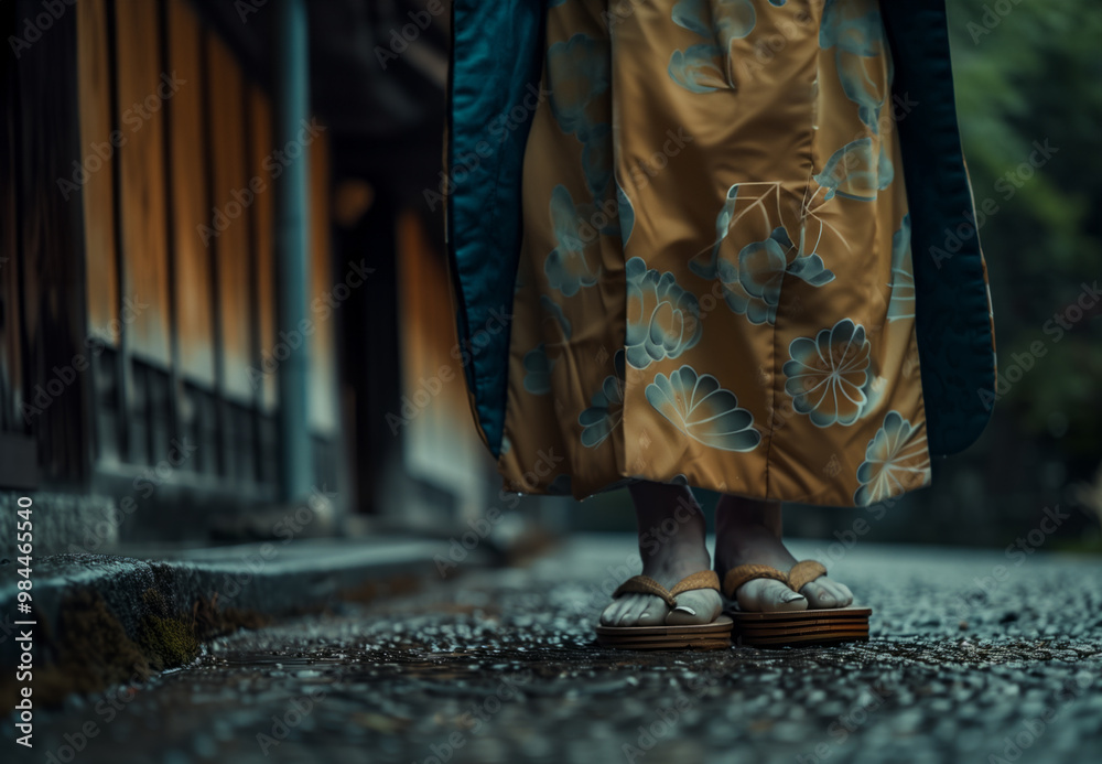 Fototapeta premium AI Image. Legs of geisha wearing traditional wooden clogs on a street