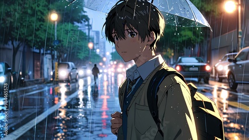 anime handsome boy going to school in the rain.