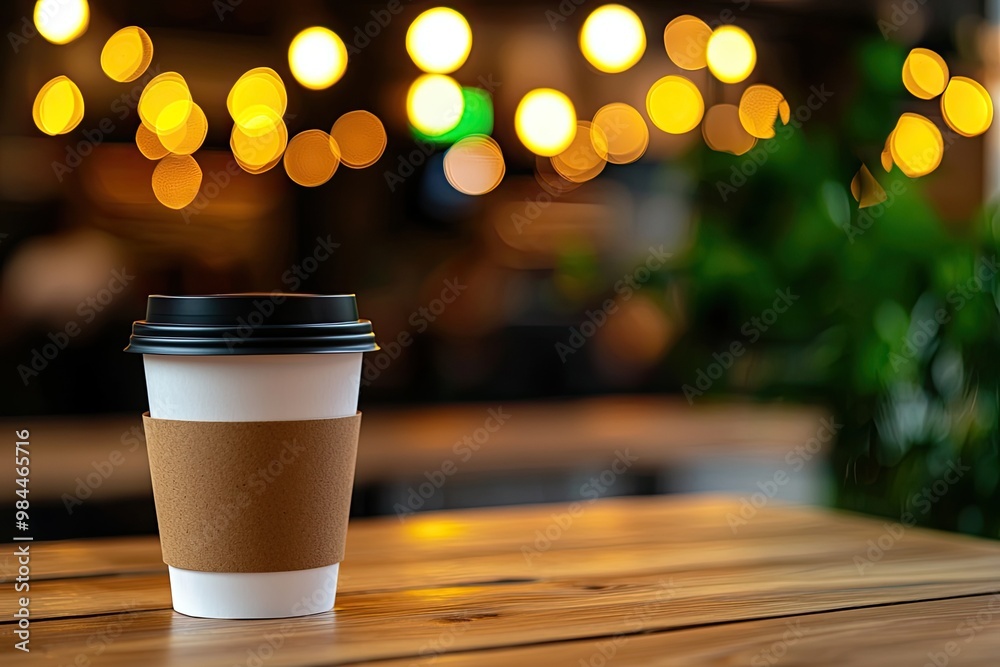 A coffee cup stands on a wooden table, surrounded by warm, soft bokeh lights, creating a cozy atmosphere. A coffee cup stands on a wooden table, surrounded by warm, soft bokeh lights, creating a cozy atmosphere.