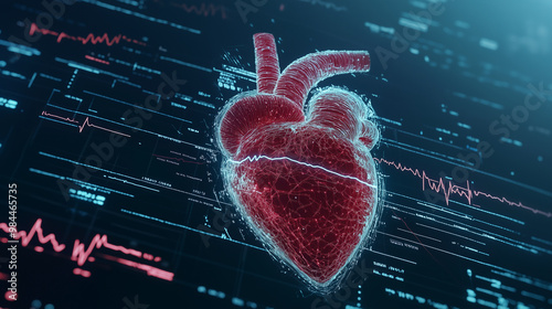 Create a realistic rendering of a human heart organ with a clear pulse line running across a digital ECG chart.