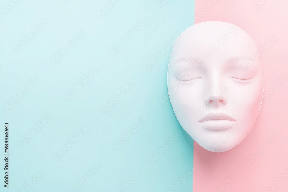 Plastic white model mask face cast on pastel blue pink background and space for copying Plastic white model mask face cast on pastel blue pink background and space for copying