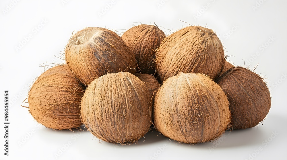 Realistic display of whole coconuts on a white background, focusing on their rough brown shell and slightly hairy texture Realistic display of whole coconuts on a white background, focusing on their rough brown shell and slightly hairy texture