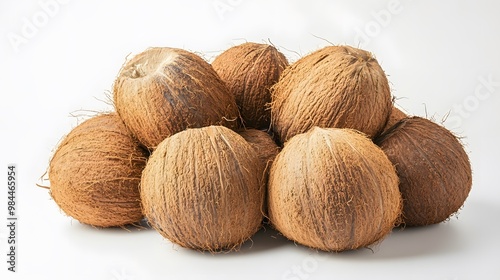 Realistic display of whole coconuts on a white background, focusing on their rough brown shell and slightly hairy texture