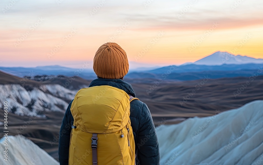 A traveler admires a stunning sunset over rolling hills and mountains, evoking adventure and tranquility. A traveler admires a stunning sunset over rolling hills and mountains, evoking adventure and tranquility.