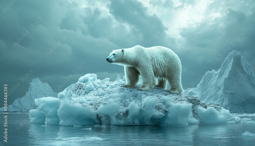 A solitary polar bear stands on an ice floe, surrounded by a tranquil, icy landscape and moody overcast skies.