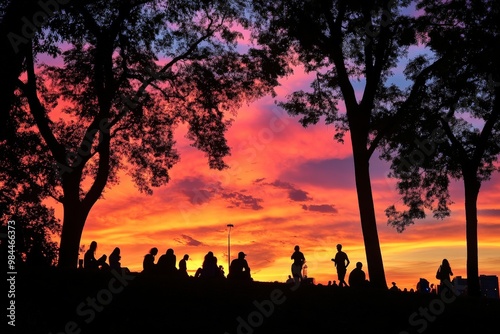 A beautiful sunset paints the sky in vibrant colors as numerous people gather in a park, silhouetted against the horizon, creating a picturesque and serene atmosphere. photo