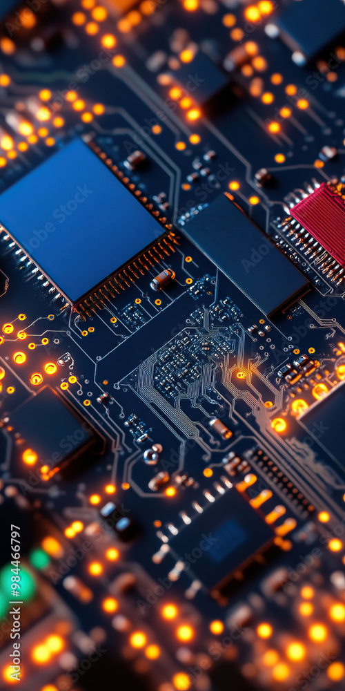 Close-up of a circuit board with blue and red components, illuminated by bright orange lights, showcasing technology and innovation. Close-up of a circuit board with blue and red components, illuminated by bright orange lights, showcasing technology and innovation.