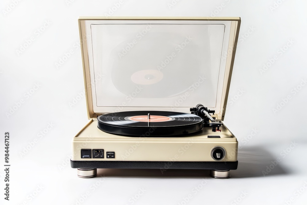 A sleek and modern beige record player with a transparent lid, showcasing a contemporary design, perfect for minimalist and modern interior styles in music enthusiasts' homes. A sleek and modern beige record player with a transparent lid, showcasing a contemporary design, perfect for minimalist and modern interior styles in music enthusiasts' homes.