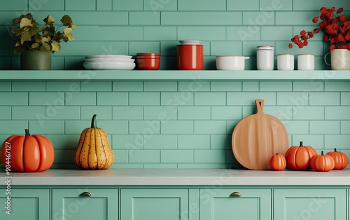 Colorful pumpkins and kitchen decor on a mint green shelf create a cozy autumn atmosphere. photo