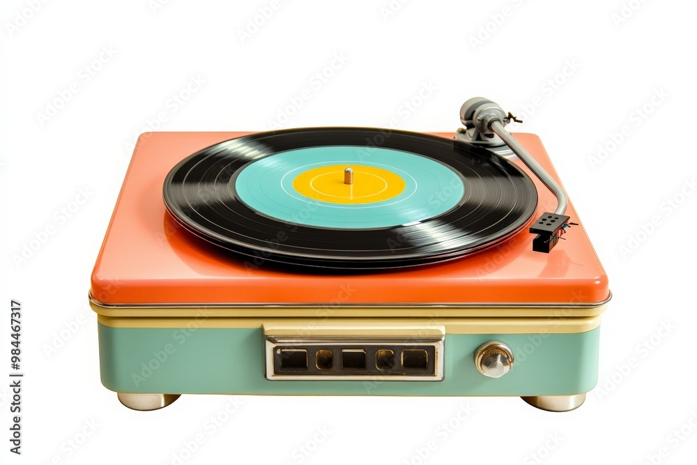 A retro-styled turntable with an orange and teal vinyl record, featuring golden accents and a beige and aqua base, photographed against a white background. A retro-styled turntable with an orange and teal vinyl record, featuring golden accents and a beige and aqua base, photographed against a white background.