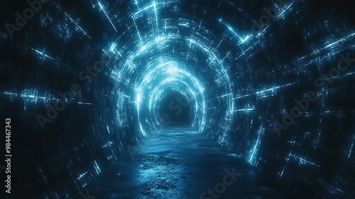 A cyber tunnel with bright blue geometric lines creating sharp, angular patterns, stretching infinitely into the dark, futuristic space. 4k photo