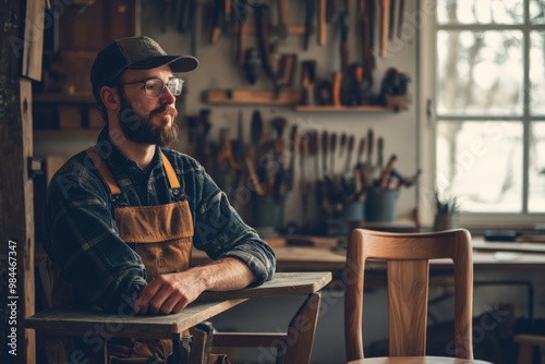 A skilled craftsman seated in his workshop, surrounded by various woodworking tools and pieces of wood, embodying dedication, craftsmanship, and the artistry of handmade creations. photo