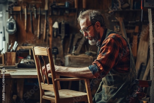 An elderly craftsman intently working on a wooden chair within his well-equipped workshop, epitomizing patience, expertise, and a lifelong devotion to craftsmanship.